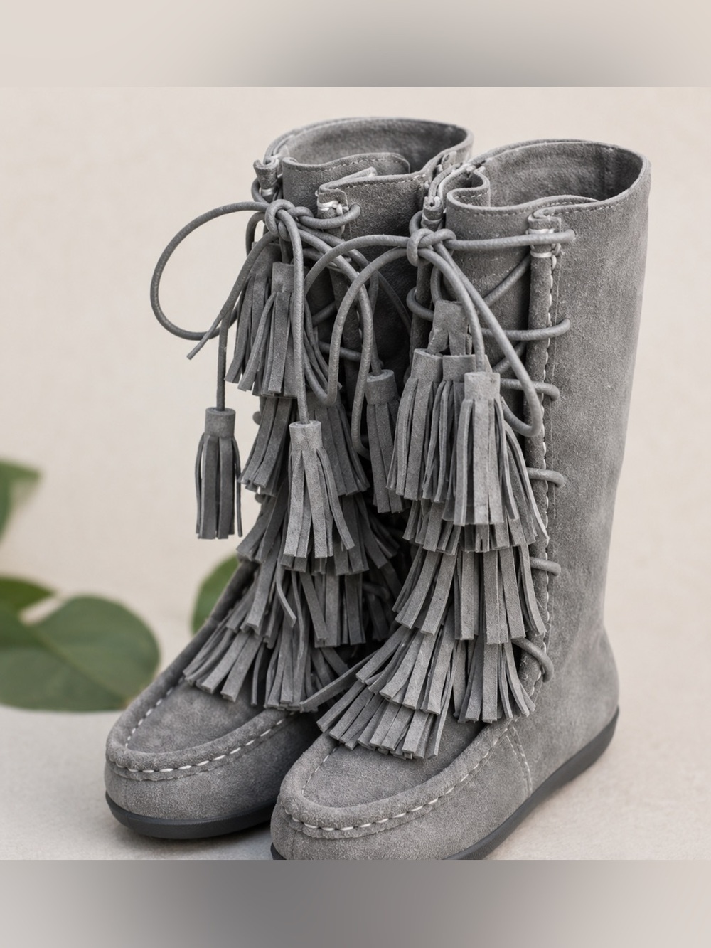 Joyfolie Gray Suede Lace-Up Fringe Boot. Great Condition. Size 12t
